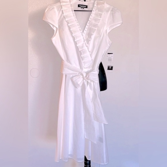 🌾 Perceptions New York Beautiful White Ruffle Belted Midi Dress - Picture 5 of 14